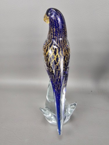 Pair (2) Murano Glass Bird Signed Blue w/ Gold Accents 12" Tall - Picture 3 of 11