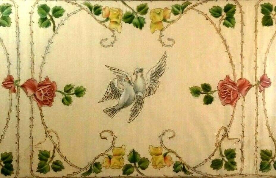 ANTIQUE BELLE EPOQUE PAINTED FABRIC TAPESTRY THORNY ROSES & DOVES FRAMED! 