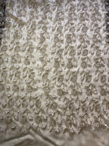 Floral silver and ivory beaded Italian lace fabric - Picture 3 of 6