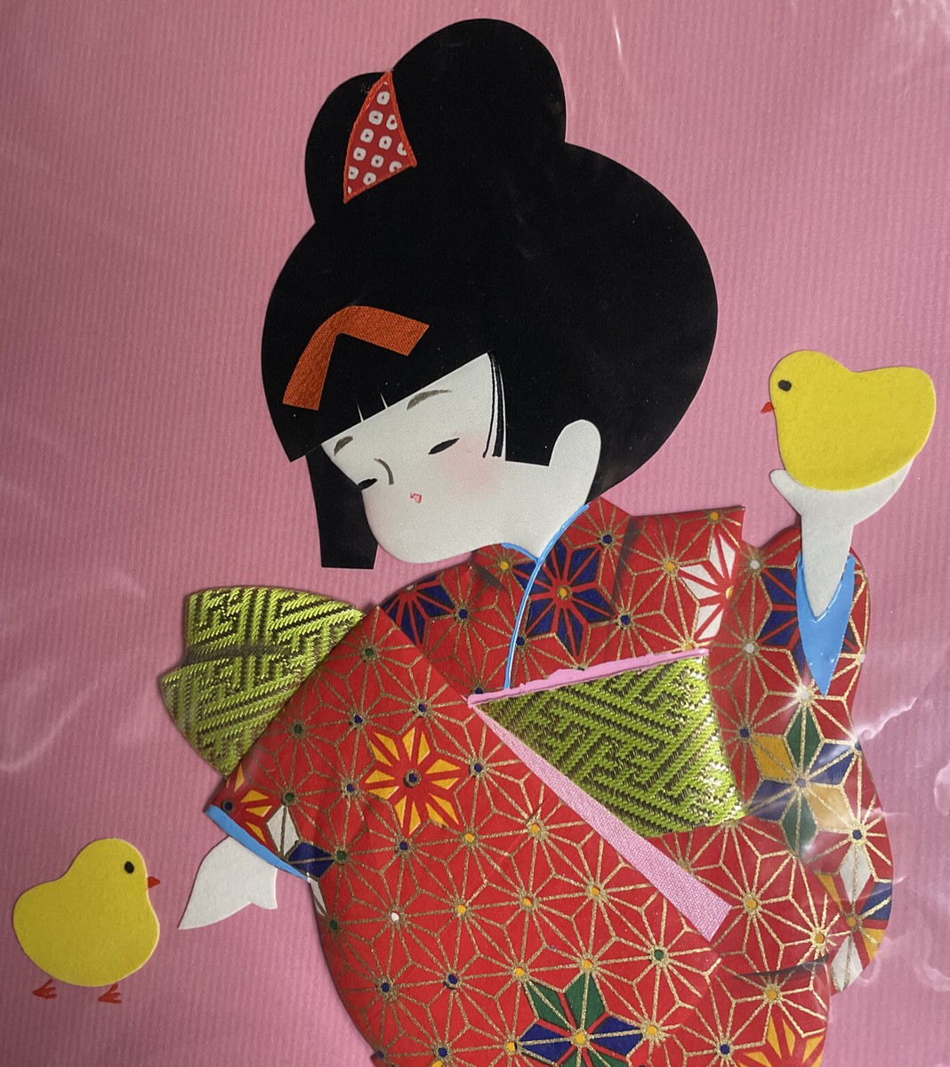 Vtg Japanese OSHIE Picture 3D Fabric Art: Geisha + Yellow