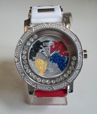 Men WORLD MAP Floating Stone Red White Silver Finish Silicone Band Hip Hop Watch