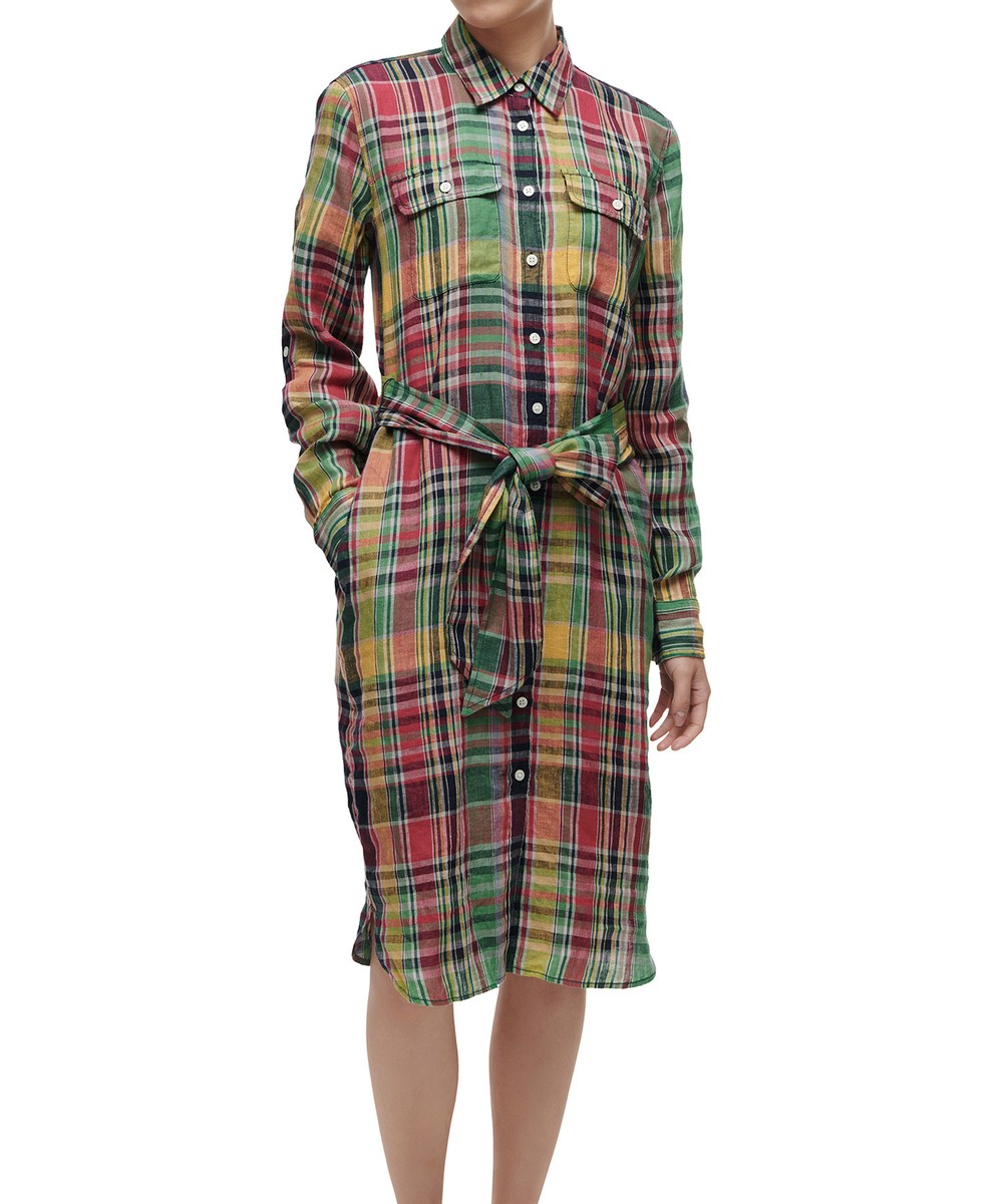 Genuine Lauren Ralph Lauren Plaid Linen Shirt Dress - Pink