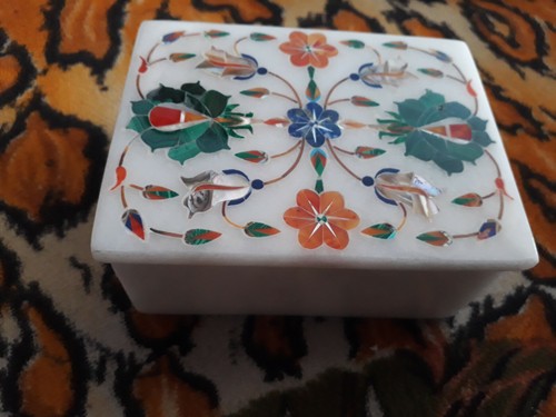 6"x4" white Marble trinket Jewelry box Inlay pietra dura Malachite decor h17 - Picture 2 of 5