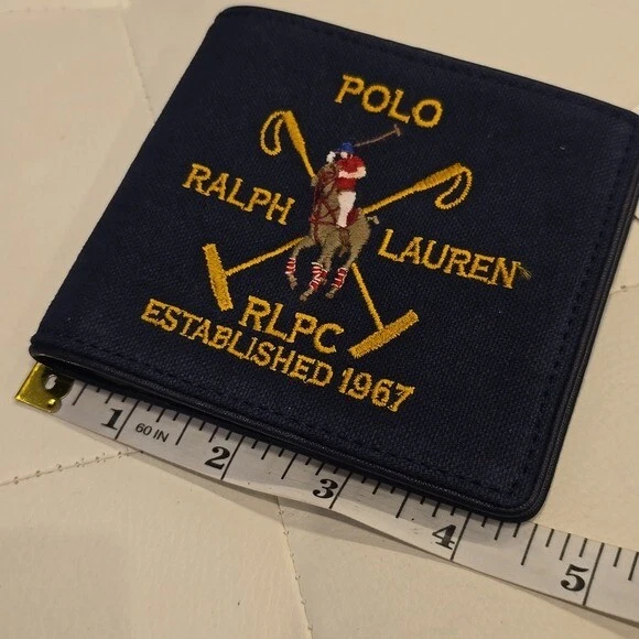 Ralph Loren Polo Azul Marino Lona Cuadros Cuero Bordado Hombre Cartera Nuevo $125 Foto 4 de 4