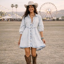 Revolve Free People Hannah Mini Long Sleeve Denim Dress Size XS Snow Wash