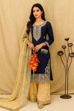 Blue Fancy Heavy Faux Georgette Top Palazzo With Dupatta For Reception Wear