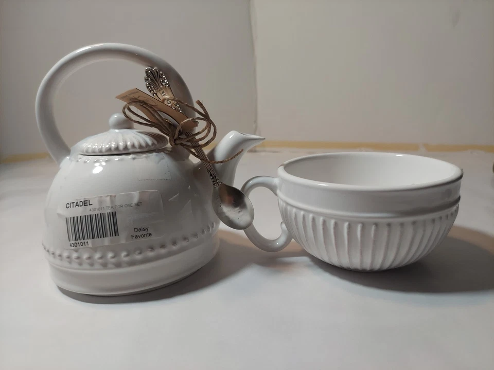 Mud Pie Tea Pot & Tea Cup Set w/ Spoon Steep Right Up Always In Hot Water New - Image 3 of 4