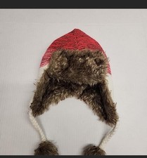 Womans S/M Faux Fur warm Insulated Tasseled Ski Beanie Trapper Winter Hat Red