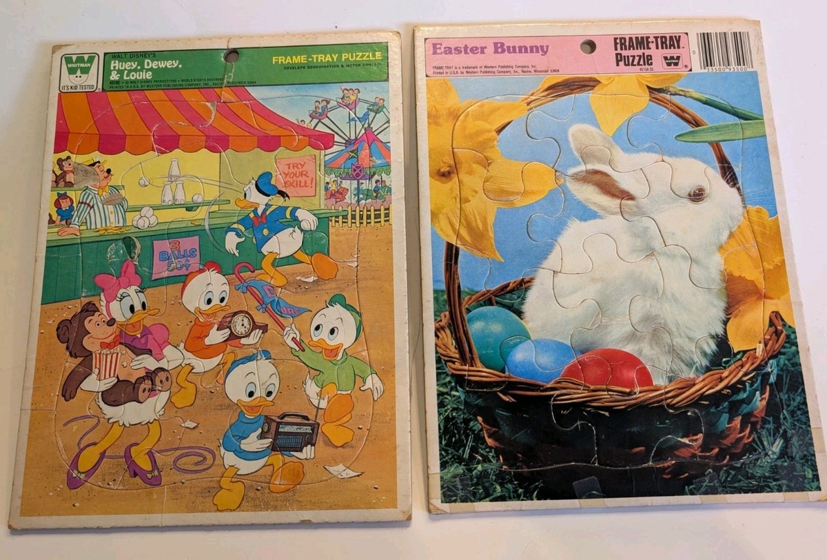 VTG Whitman Frame Tray Puzzles Huey Dewey Louie 4510C Easter Bunny