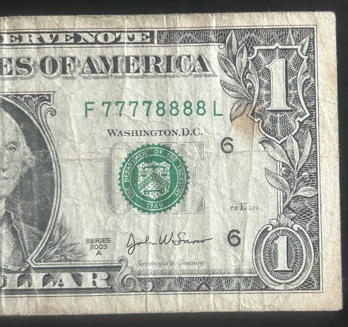 (DOUBLE QUAD!) $1 Rare Binary Double Quad Fancy Serial Number F77778888L *2003A* - Picture 1 of 3