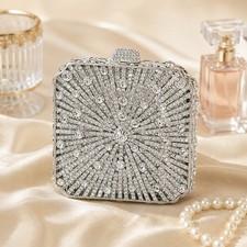 Silver Rhinestone Box Clutch Bag Women's Bridal Evening Purse Detachable Chain