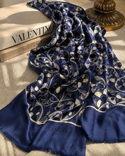 Valentino 100 Silk Blue Patterned Wrap Scarf Designer Made In Italy