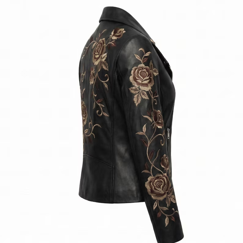 Women’s Handmade Embroidered Leather Jacket, Floral Embroidery Real Leather Pers image 3
