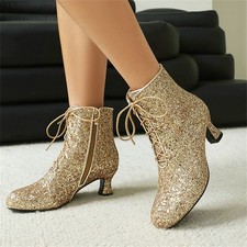 Women's Glitter Lace Up Ankle Boots Comfort Round Toe Kitten Party Pumps Shoes