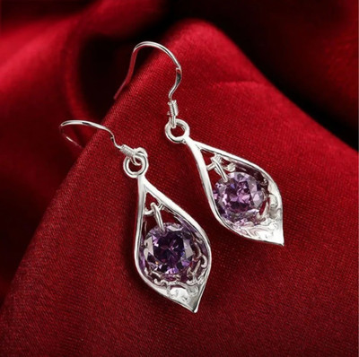 925 Sterling Silber Kristall Amethyst Ohrhänger Damen Elegant Schmuck Geschenk