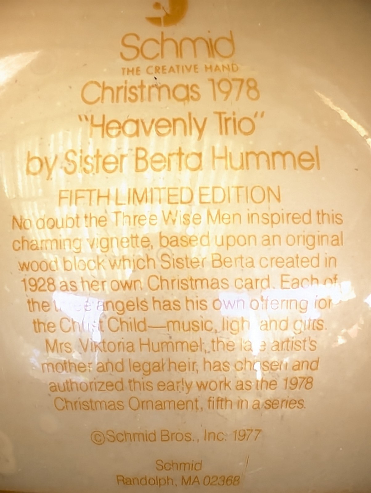 Vtg Schmid Heavenly Trio Christmas Ornament 1978 By Sister Berta Hummel 5th Ed