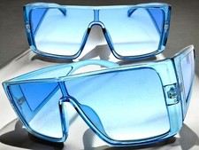 Futuristic Modern Retro Wrap Blinder Shield Raver DJ SUNGLASSES Sleek Blue Frame