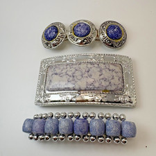 Vtg Plastic Silver Tone Blue Marbled Stone Signed DC Hair Barrette Clips 3pk 