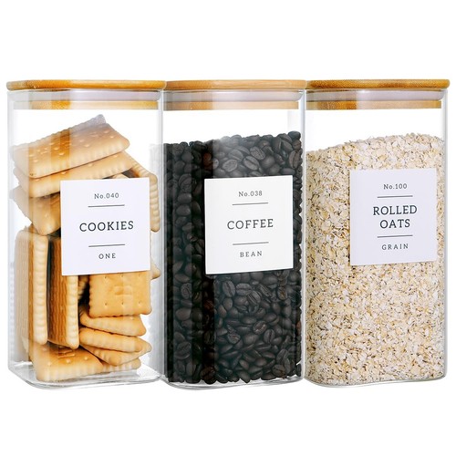 3 Pack Square Glass Kitchen Storage Jars with Airtight Bamboo Lids and 132 Pa...