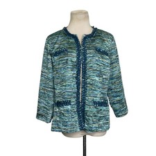 Chico's Green Tweet Open Front Pockets Lined Fringe Trim Blazer Jacket size 1- M