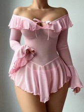 Sexy Lingerie Mesh Off Shoulder Ruffle Sleep Dress Lingerie Nightgown Dress