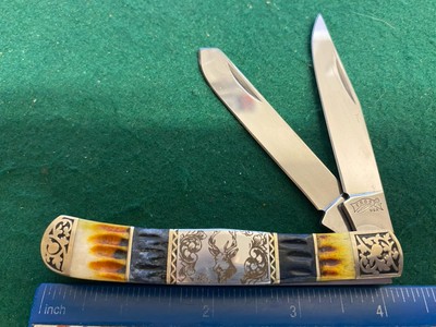 Frost Cutlery Deer Engraved Trapper Knife, Jig Bone Handle, Engraved Bolsters