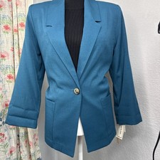 VTG Sag Harbor Blazer Jacket Sz 10 P Teal Secretary Gold Pretzel Button NWT