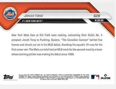 Jonah Tong 2025 TOPPS NOW MLB DEBUT NY METS #628 RC - 1st WIN🔥 | eBay