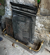 Black Cast Iron Fireplace Insert with Decorative Panel & Brass Fender