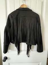 Women's M Black Faux Suede Fringe Y2K Crop Western  Jacket Coat Cowgirl 