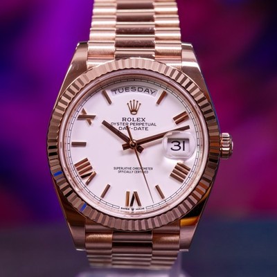 Ready to Ship Rolex Day-Date 40 Rose Gold White Roman Full Set 2023 228235