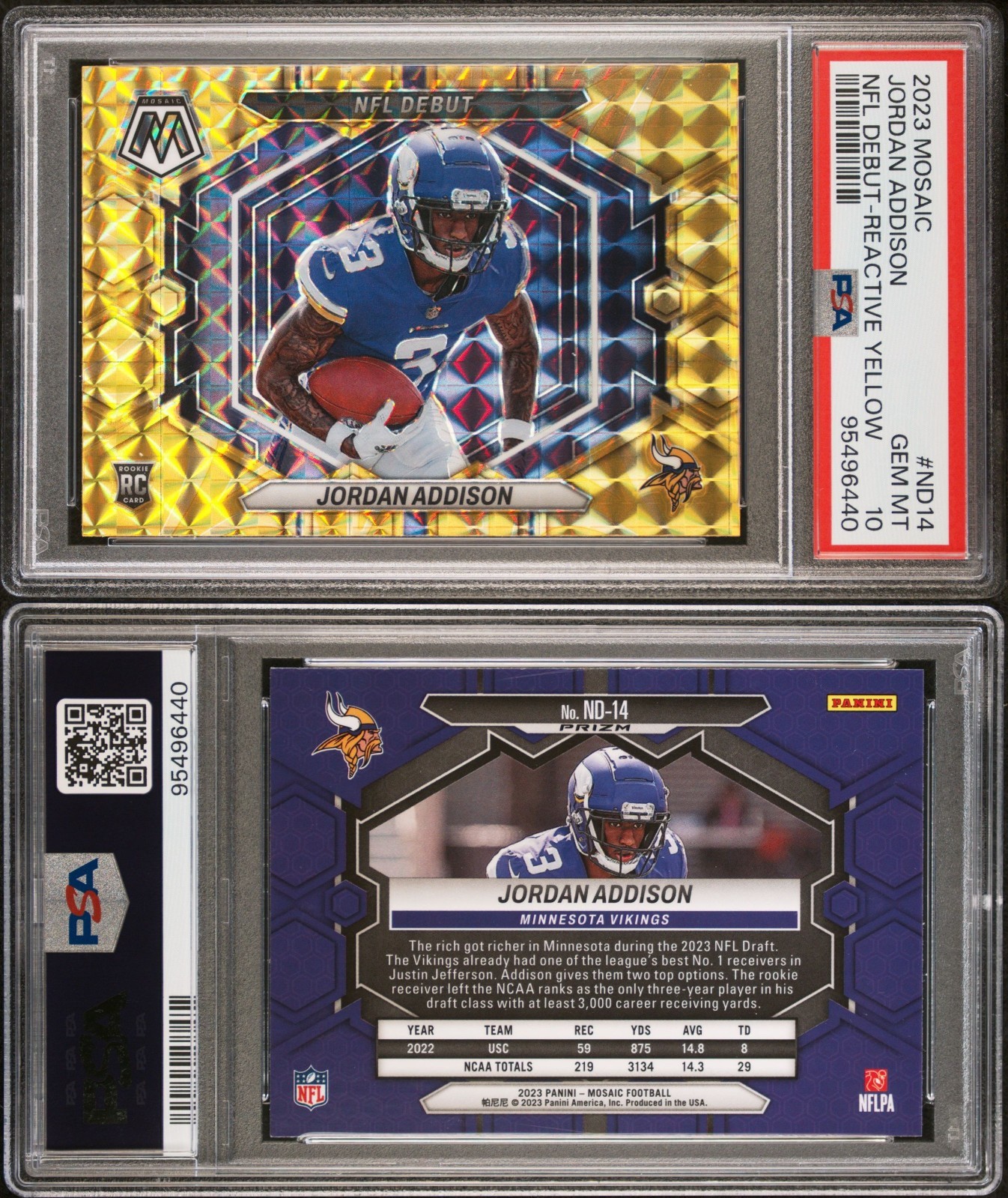 PSA 10 2023 Mosaic NFL Debut Mosaic Reactive Yellow ND14 Jordan Addison RC POP15