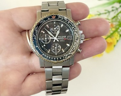 Rare Vintage PULSAR Chronograph 1980's 100M Men's Day/Date Multifunction Watch