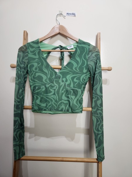 Cotton On Green Printed Long Sleeve Open Back Cropped Top S
