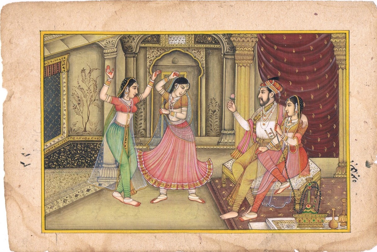 India Miniature Painting Mughal King & Queen Enjoying Dance