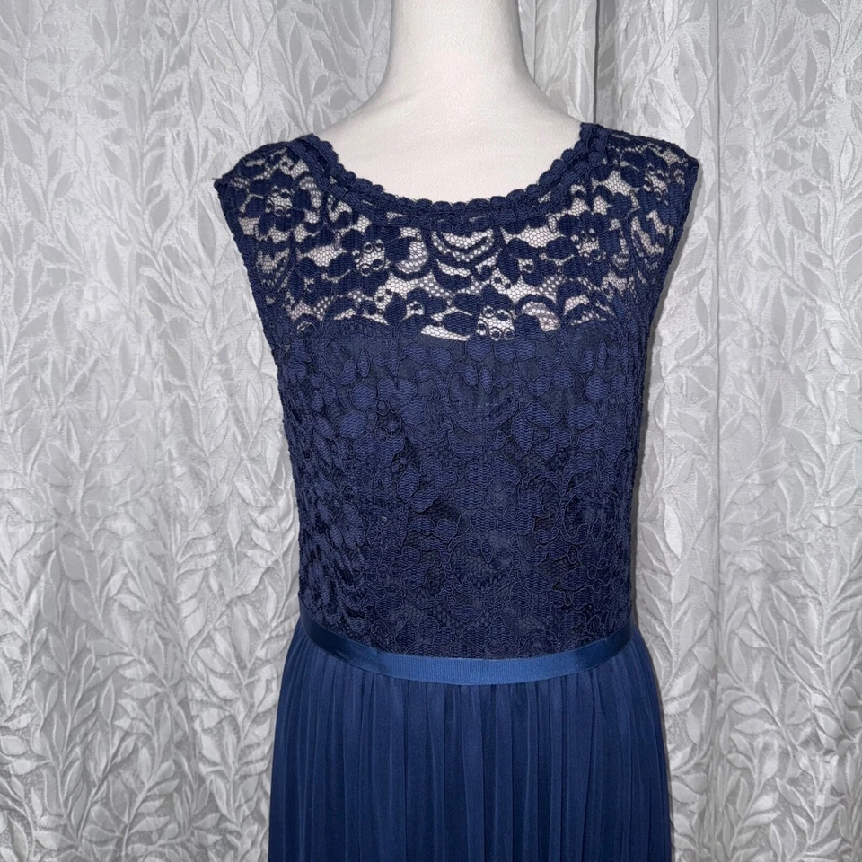 David Vestido Floral Encaje Formal Azul Navi Maxi Largo Cuello Redondo Talla 8 Foto 3 de 4