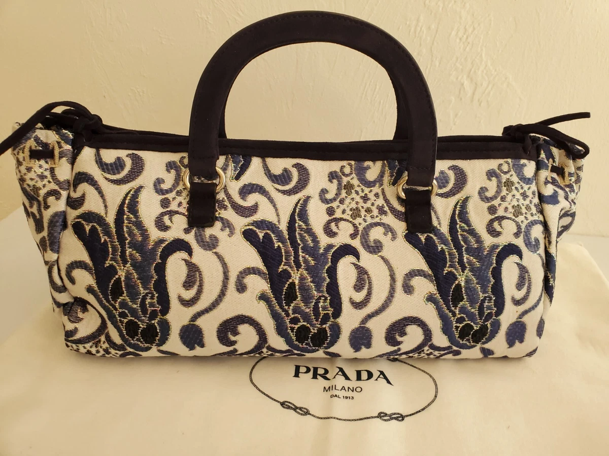 Prada Floral Navy Metallic Tweed Fabric Bag