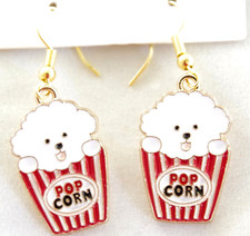 Cute NEW WHITE PUPPY DOG IN POPCORN TUB, ENAMEL GOLD DROP DANGLE EARRINGS
