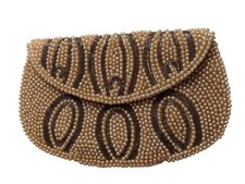 Vintage John Wind Clutch Small Satin Cream Brown Gold Pattern Beaded Handbag