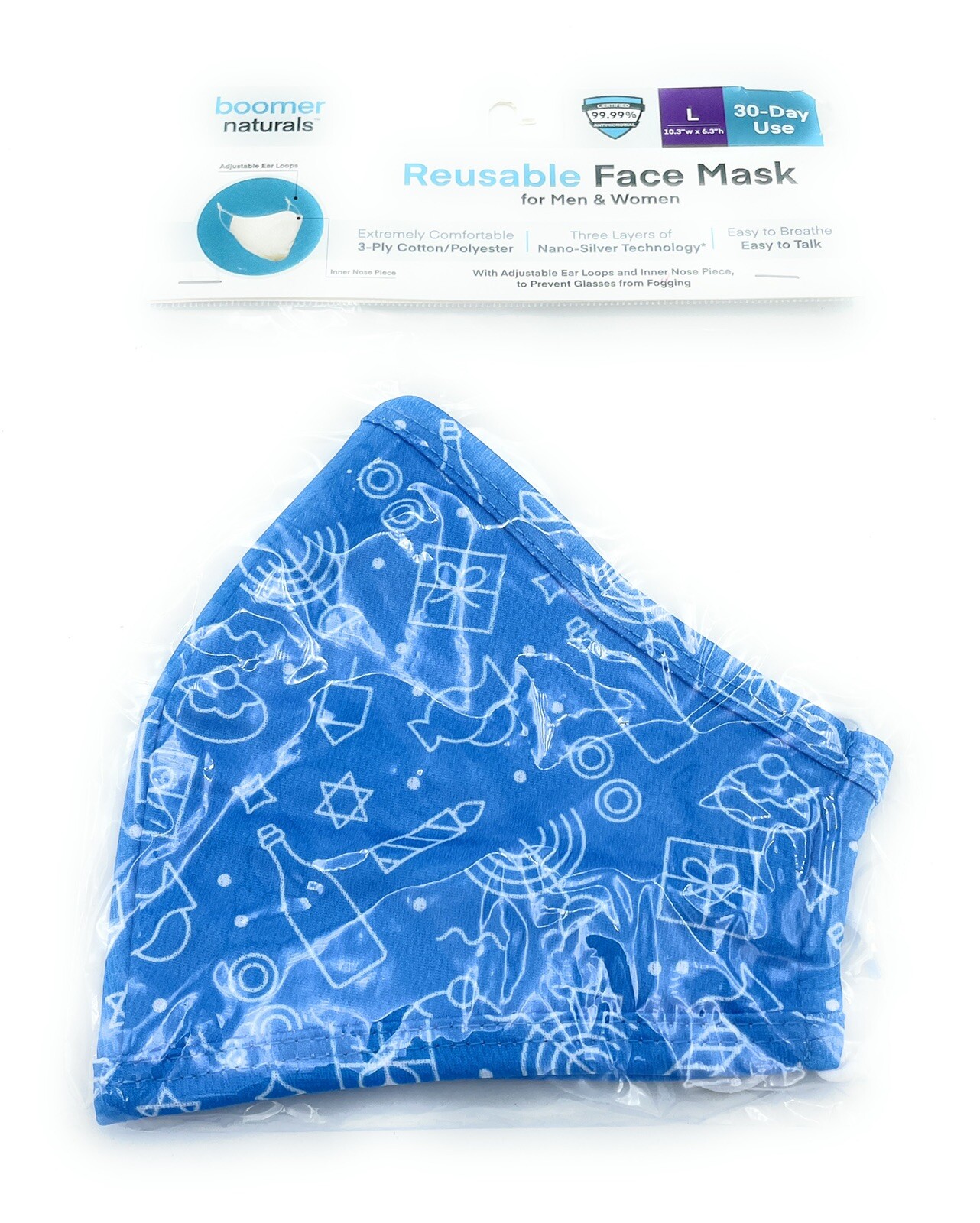 Boomer Naturals Face Mask Unisex Adult Size Large Hanukkah Dreidel