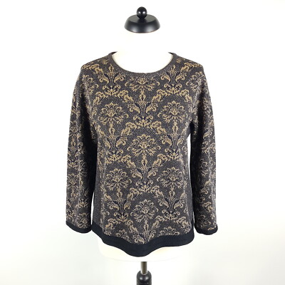 Odeeh Pullover Damen Gr. 36 Schwarz Gold Glitzer Barock Muster Sweater Wolle