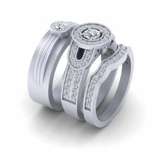 Halo Simulated Diamond Wedding Ring Band Set Matching Couple Engagement Rings