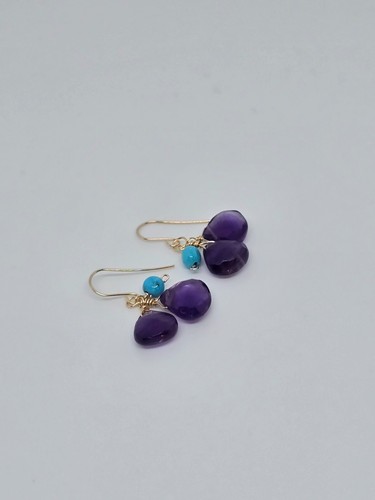 Amethyst Briolette Dangle Cluster Earrings Turquoise 14k Yellow Gold or Silver - Picture 6 of 8