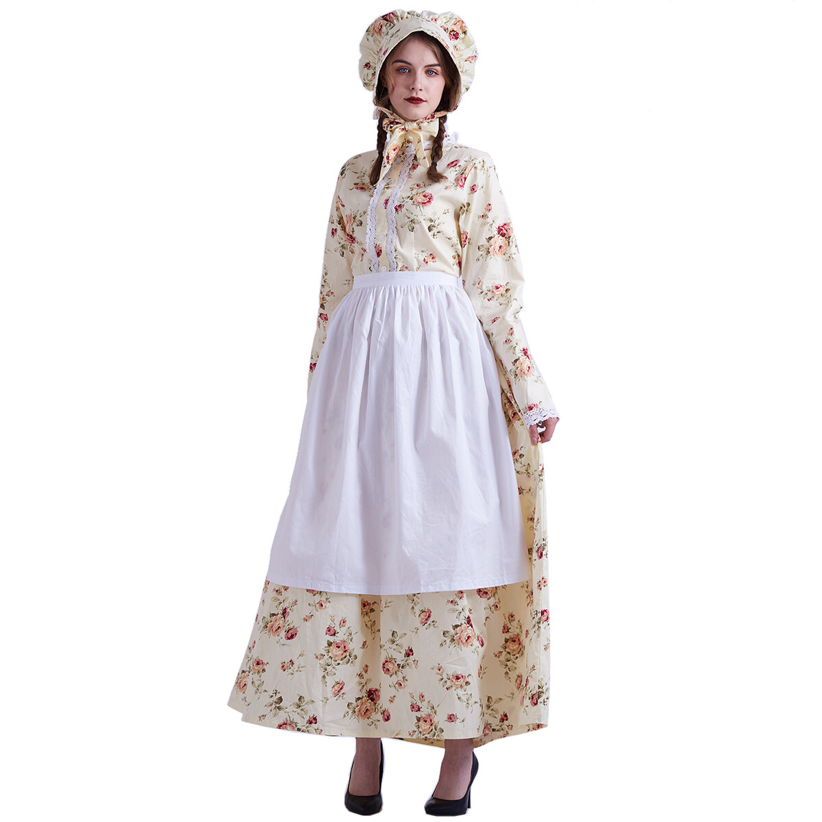 Girls Pioneer Costume Dress With Bonnet & Apron - Colonial Long Sleeve Party Dress For Halloween & Cosplay - View #2