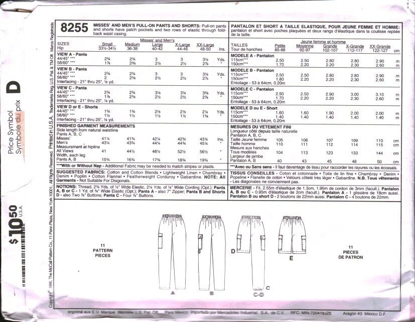 8255 Vintage McCalls SEWING Pattern Misses Mens Pull on Pants Shorts UNCUT OOP - Image 2 of 2