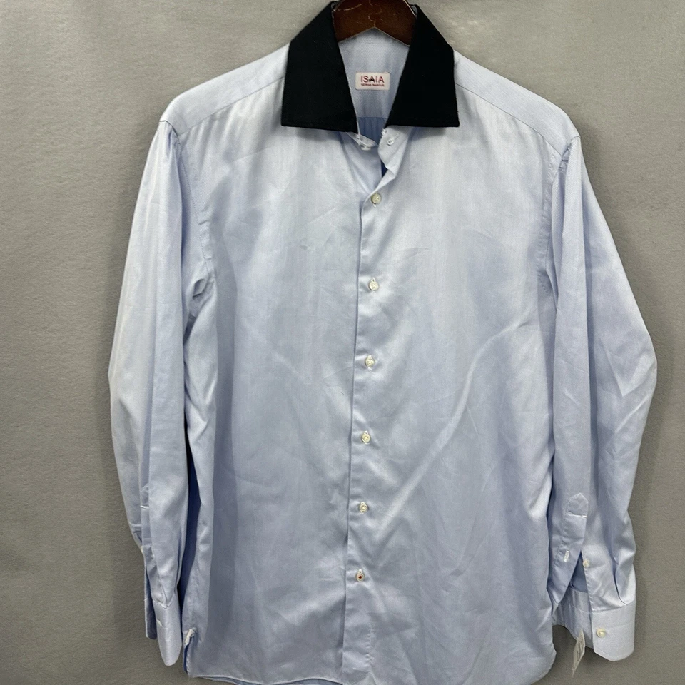 Camisa de vestir ISAIA Napoli cuello negro para hombre 16 41 Neiman Marcus azul preppy LEER Foto 4 de 4