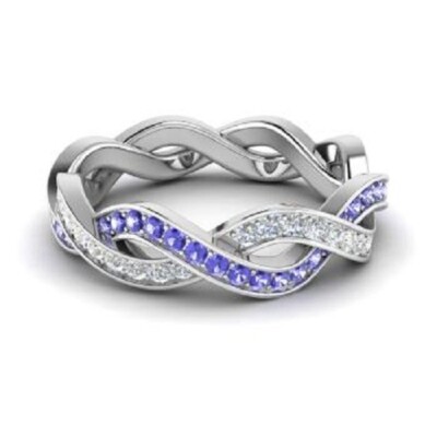 1.08 Ct Real Round Tenzanite & Diamond Engagement Eternity Band 14k White Gold