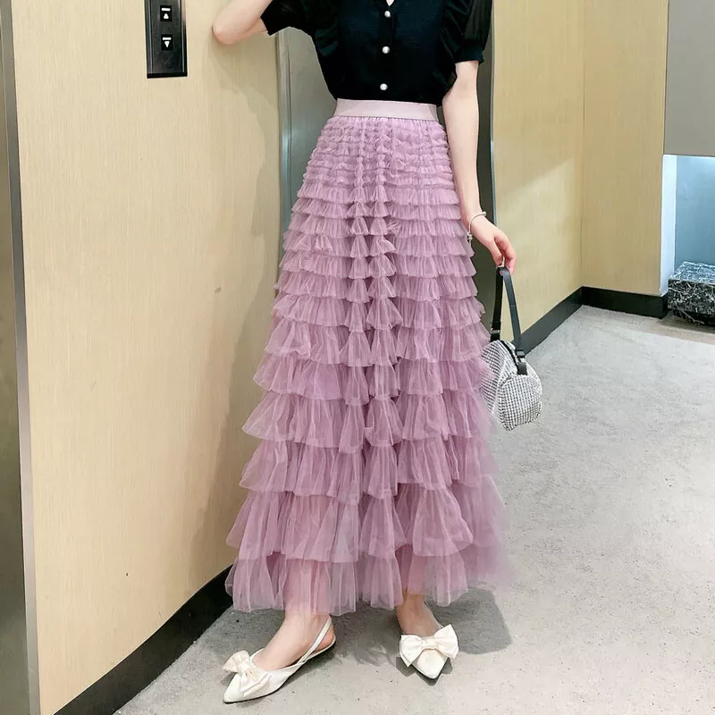 Women Tiered Layered Ruffle Mesh Tulle Pleated Skirt High Waist Midi Party