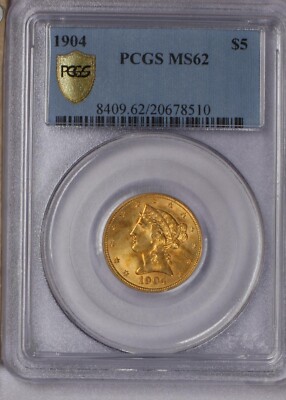 1904 Gold Liberty Head $5 PCGS MS62. P.Q. Older holder.