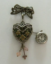 VTG. Sweet Romance Silver Tone Bow Brooch Locket Watch Lapel Brooch